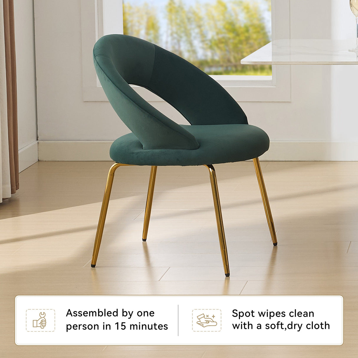 Velvet Fabric Dining Chair with Curved Backrest and Golden Metal Legs