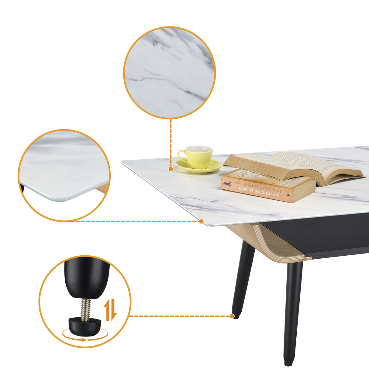 Landon - Coffee Table With Glass Marble Texture Top And Bent Wood Design by Couch.com