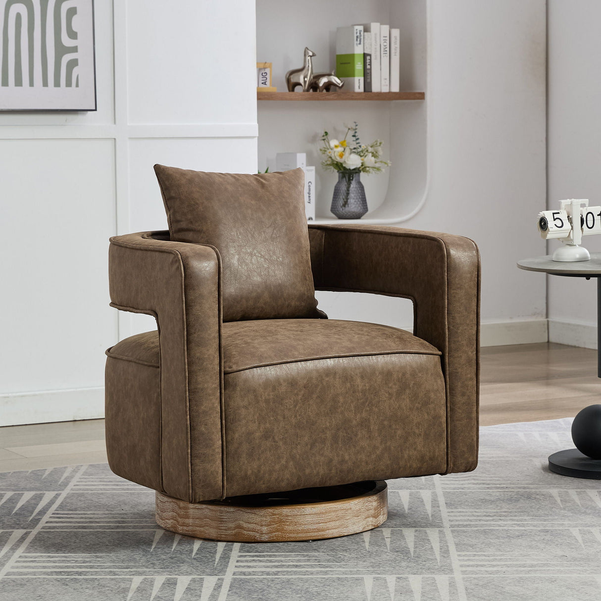 Swivel Accent Open Back Barrel Chair With Weathered Base by Couch.com