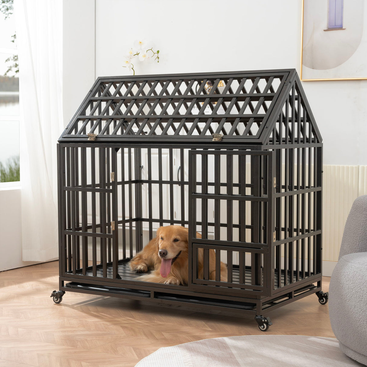 Heavy Duty Dog Cage Pet Crate With Roof & Window On Roof - Black by Couch.com
