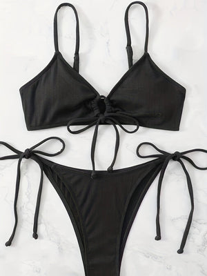 Bikini Solid Rib Knit 2 Piece Swimsuit – Ring Link Tie Front Triangle Bikini Set for Women – Hollow Out High Stretch V-Neck Top with Tie Side Bottoms – Trendy Beach & Pool Swimwear for Summer