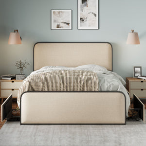 A neatly made bed with a Modern Bed With Curved Upholstered Headboard in beige, draped with a cozy knitted blanket and light bedding. Flanked by nightstands with lamps, drawers open at the base. Two abstract artworks hang above.