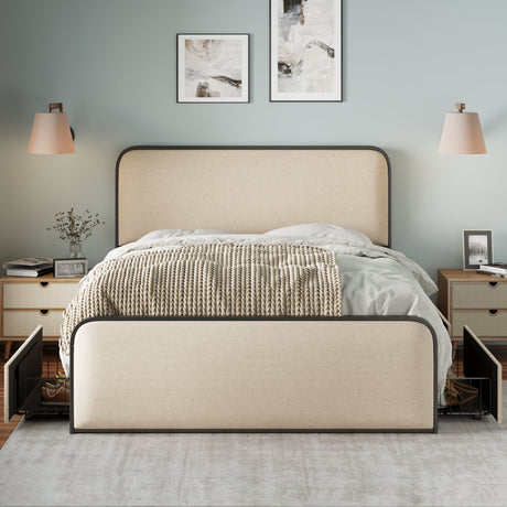 A neatly made bed with a Modern Bed With Curved Upholstered Headboard in beige, draped with a cozy knitted blanket and light bedding. Flanked by nightstands with lamps, drawers open at the base. Two abstract artworks hang above.