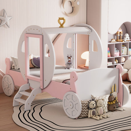 The children's bedroom features a Princess Carriage Bed With Crown in white and pink, with a platform and stairs. Plush toys are at the bed's foot, and a bookshelf filled with toys and books sits in the corner against the room’s neutral color palette.