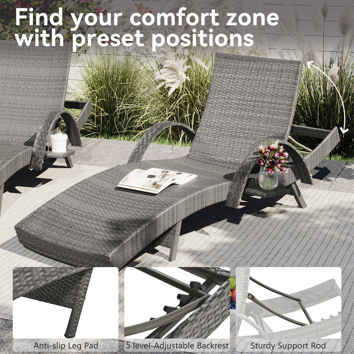 K&K 80" Outdoor Wicker Chaise Lounge Chairs Set of 2