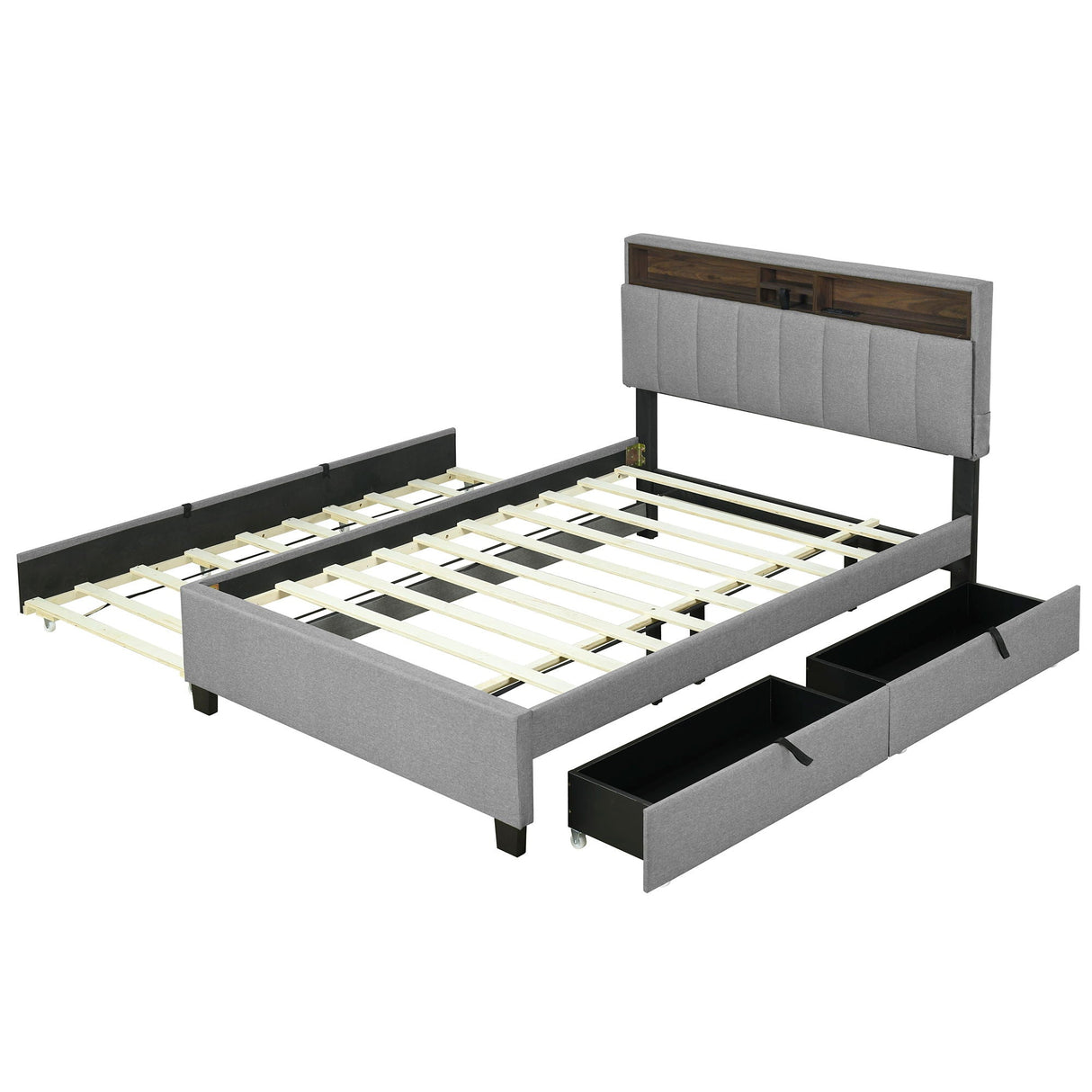 Upholstered Platform Bed With Storage Headboard, Trundle & 2 Drawers And A Set Of Sockets & USB Ports by Couch.com