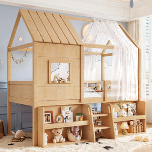 Twin Size Loft Bed with Storage Shelves and Stairs, House Loft Bed with Playhouse Roof and Window, No Box Spring Needed, Natural