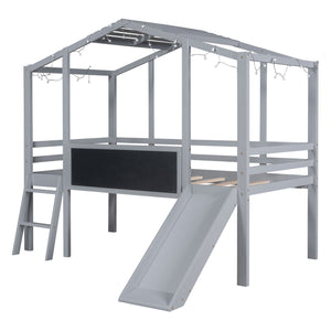 Loft House Bed With Ladder And Slide, With Blackboard And Light Strip On The Roof by Couch.com