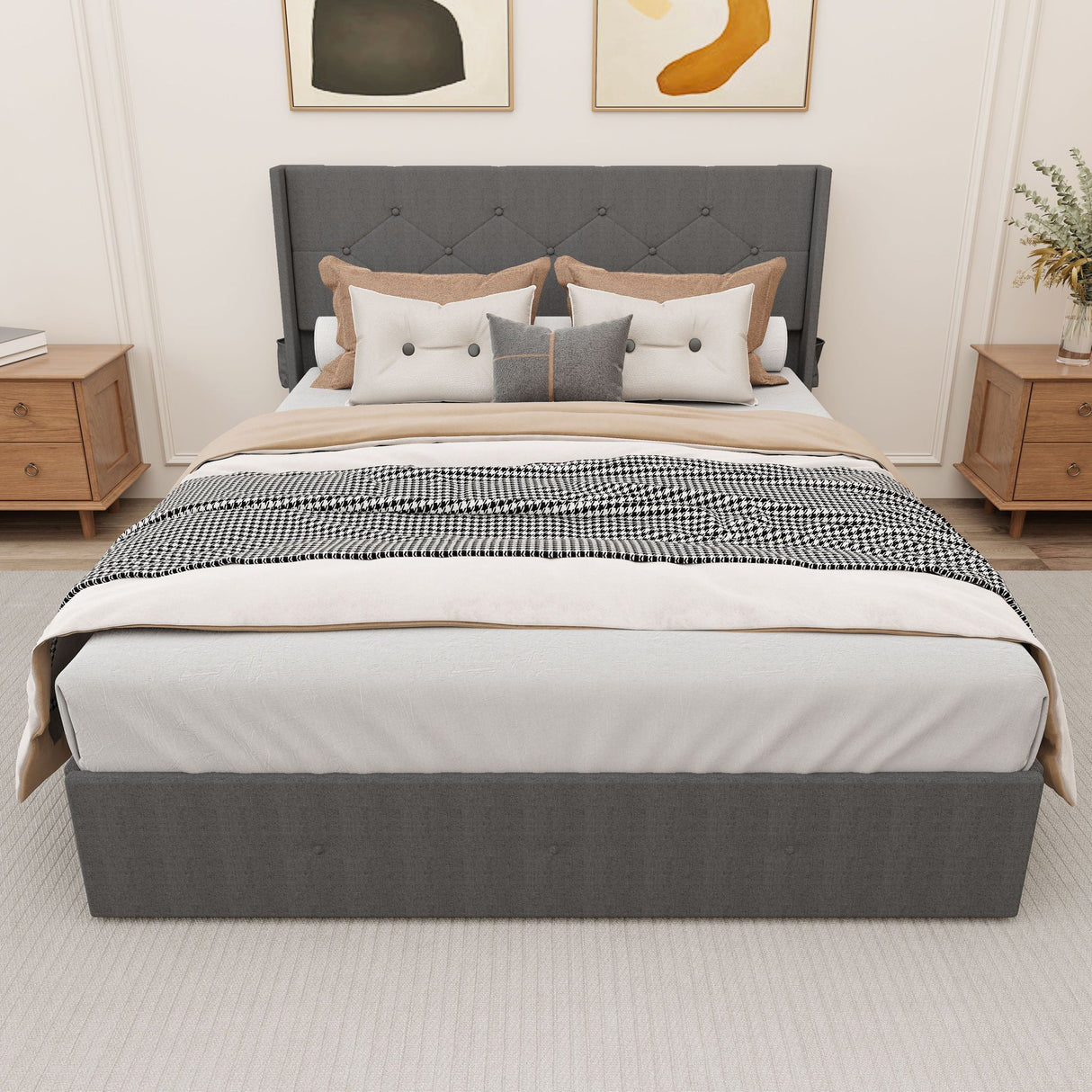 Modern Queen Size Bed Frame With Storage, Wingback Headboard, USB Ports - Dark Gray by Couch.com