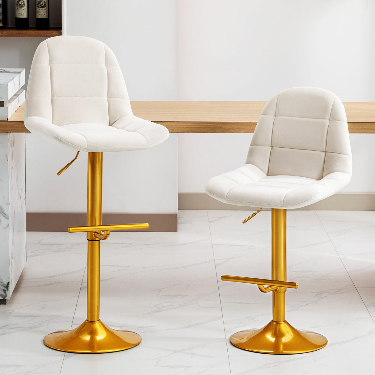 Velvet Swive Bar Stools Adjustable Counter Height Bar Chairs With Back Gold Base Modern Stool Chair For Kitchen Island Dining Room (Set of 2) - White by Couch.com