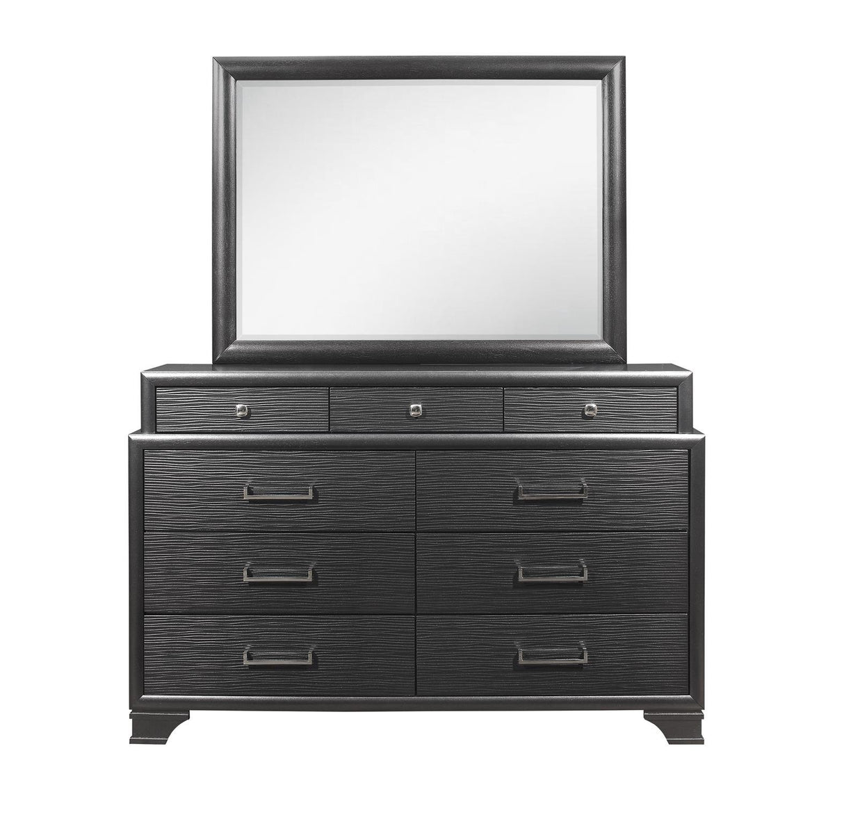 The Civic - Mirror dresser is made of black wood with six large drawers and three smaller top drawers, accented by sleek silver handles. It includes a large rectangular mirror with a matching black frame for a modern, elegant design.