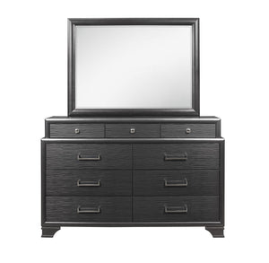 The Civic - Mirror dresser is made of black wood with six large drawers and three smaller top drawers, accented by sleek silver handles. It includes a large rectangular mirror with a matching black frame for a modern, elegant design.