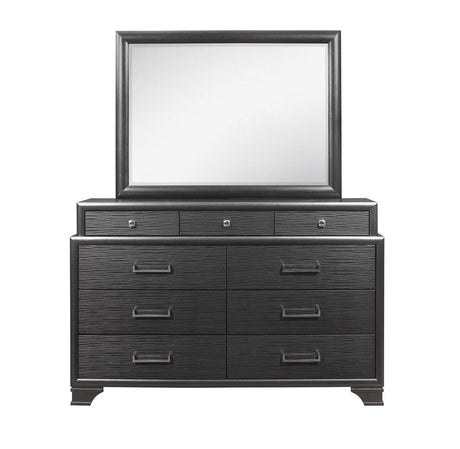 The Civic - Mirror dresser is made of black wood with six large drawers and three smaller top drawers, accented by sleek silver handles. It includes a large rectangular mirror with a matching black frame for a modern, elegant design.