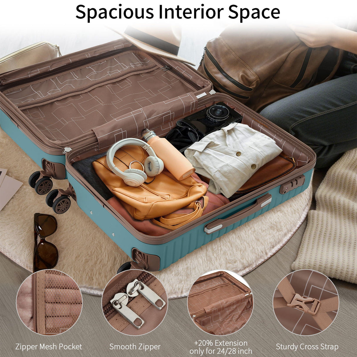 An open teal suitcase on a beige carpet reveals a brown interior packed with headphones, a camera, sunglasses, and clothes. Insets show features: mesh pocket, smooth zipper, 20% expansion, sturdy straps. Text: "Spacious Interior Space." Product: 4 Piece Luggage Set with Hard Shell & Packing Cubes.