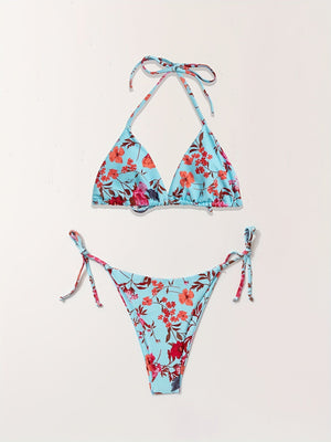 Bikini European Style Floral Print 3 Piece Swimsuit Set for Women – Sexy V Neck Bikini with Cross Strap Detail and Matching Long Sleeve Cover-Up – High Stretch Trendy Swimwear for Summer Beach Vacations Resort Looks and Poolside Fashion