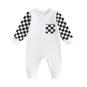 Checkerboard Plaid Color Matching Sleeve Pocket Jumpsuit