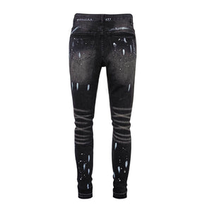 American High Street Ripped Stretch Paint Splash Straight Jeans Men