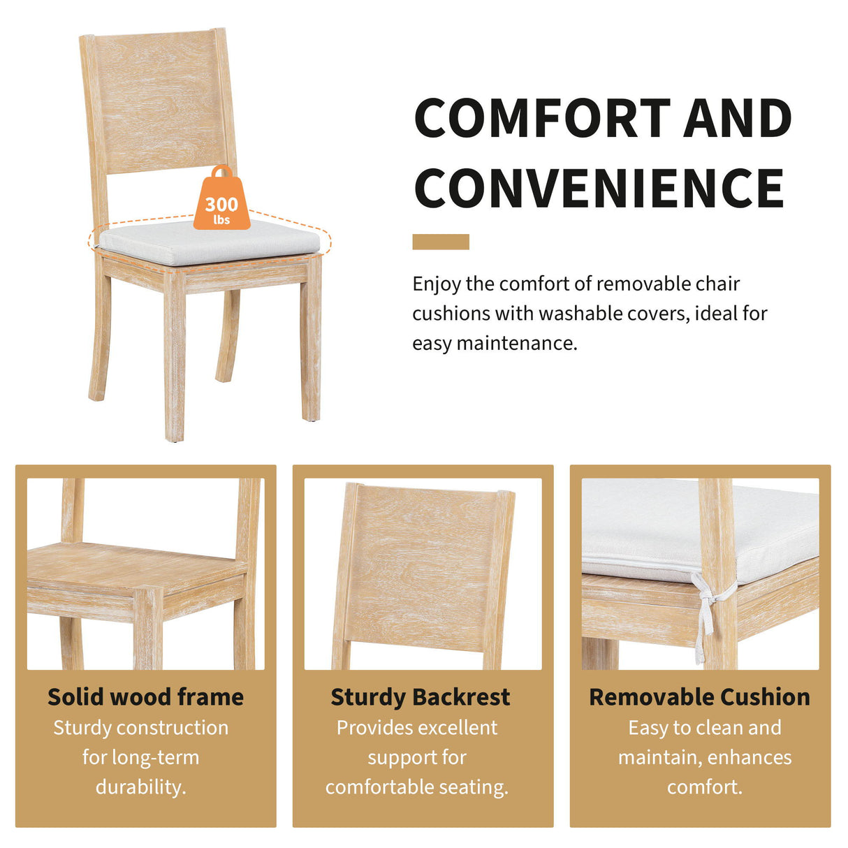 The Topmax 6-piece dining set features a solid wood frame and sturdy backrest, with removable cushions on the four chairs. It supports up to 300 lbs, combining comfort with modern style and convenience.