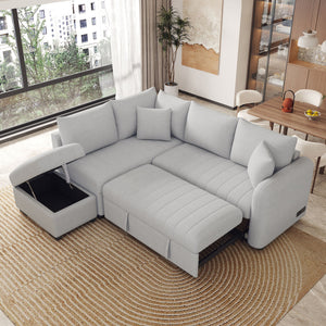 L-Shaped Sectional Pull Out Sofa Bed Sleeper Sofa With Two USB Ports, Two Power Sockets And A Movable Storage Ottoman by Couch.com