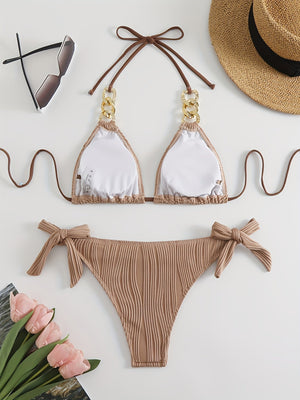 Bikini Ruched Texture Golden Chain 2 Piece Triangle Swimsuit for Women – Striped Halter Bikini Set with Bow Tie Side and Elegant Ring Link Detail – Stretchy Beachwear for Pool Bathing and Summer Vacations
