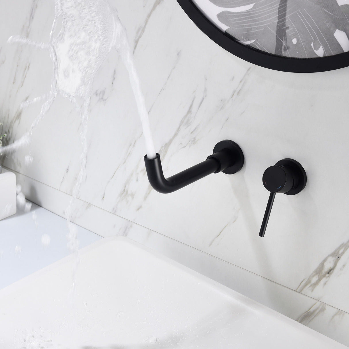 Modern Wall Mount Single Handle Bathroom Sink Faucet, Curved Spout - Matte Black Brass by Couch.com