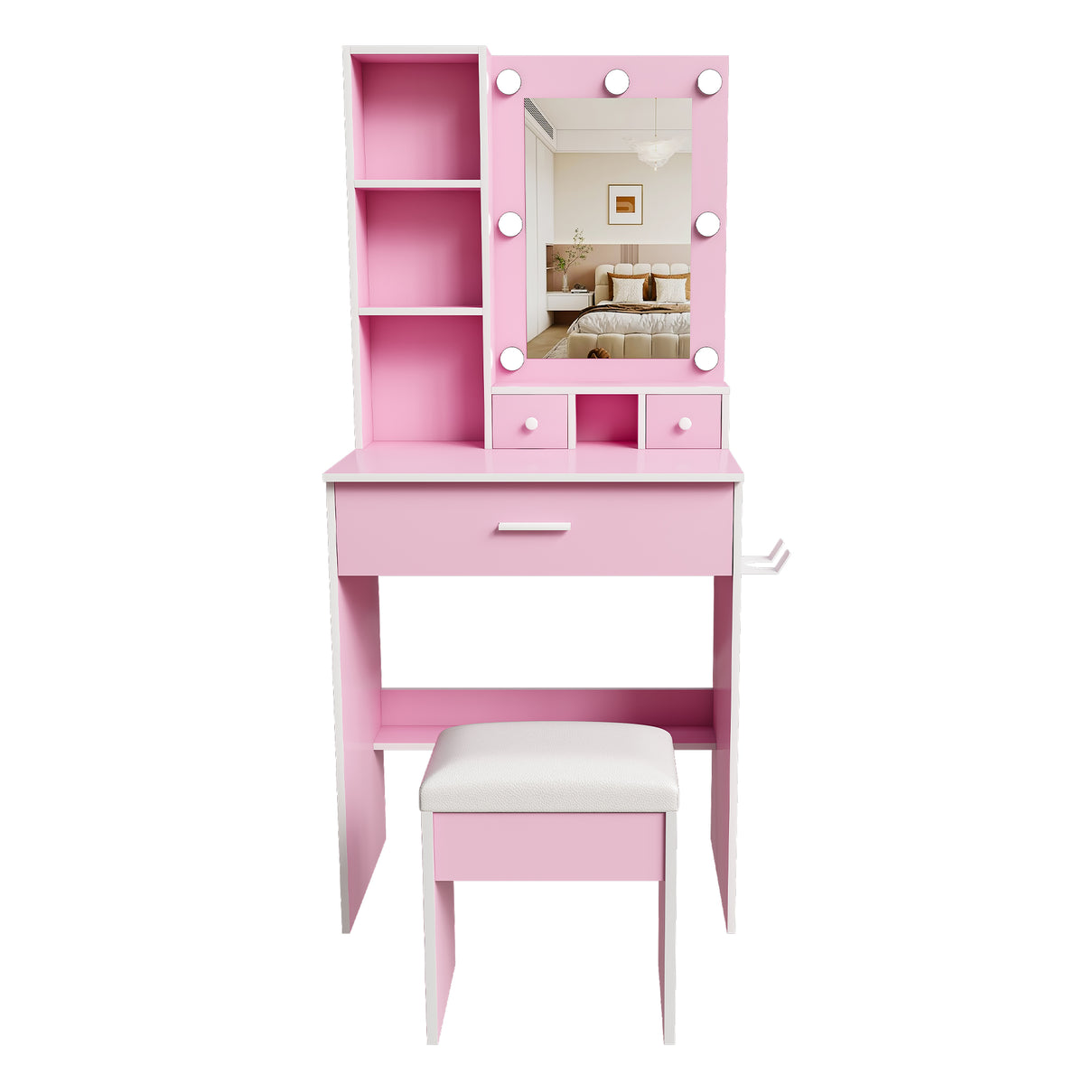 Pink Vanity Table with Mirror, Adjustable LED Lights, Power Outlet, Hairdryer Holder & Stool – Compact Dressing Desk for Small Bedrooms