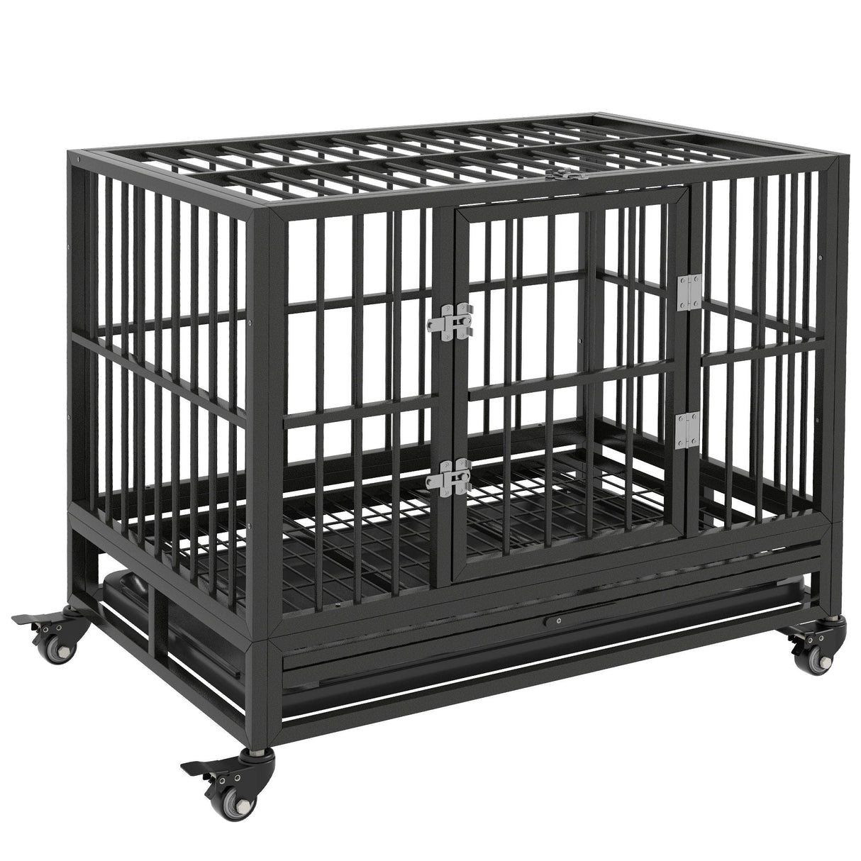 Pawhut - 36" Heavy Duty Dog Crate Metal Cage Kennel With Lockable Wheels, Double Door And Removable Tray - Gray by Couch.com