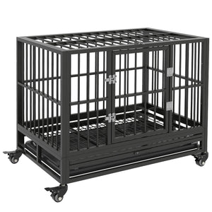 Pawhut - 36" Heavy Duty Dog Crate Metal Cage Kennel With Lockable Wheels, Double Door And Removable Tray - Gray by Couch.com