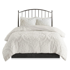 Full/Queen Tufted Cotton Chenille Damask Duvet Cover Set