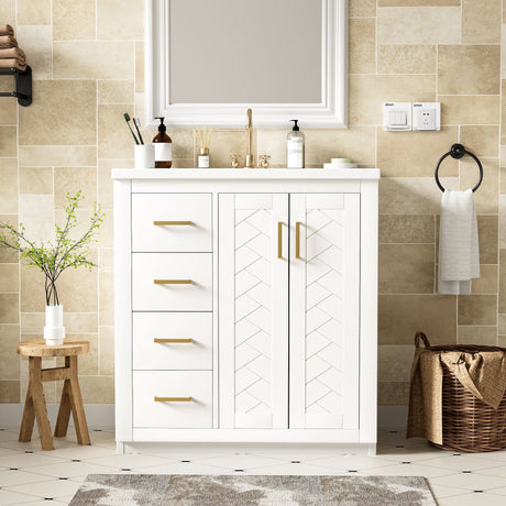 A bathroom showcasing a freestanding vanity set with ceramic sink combo, featuring gold handles, three drawers, and woven design doors with a white countertop. It includes beige tiled walls, a round mirror, potted plant on wood stool, towel rack, and wicker basket.