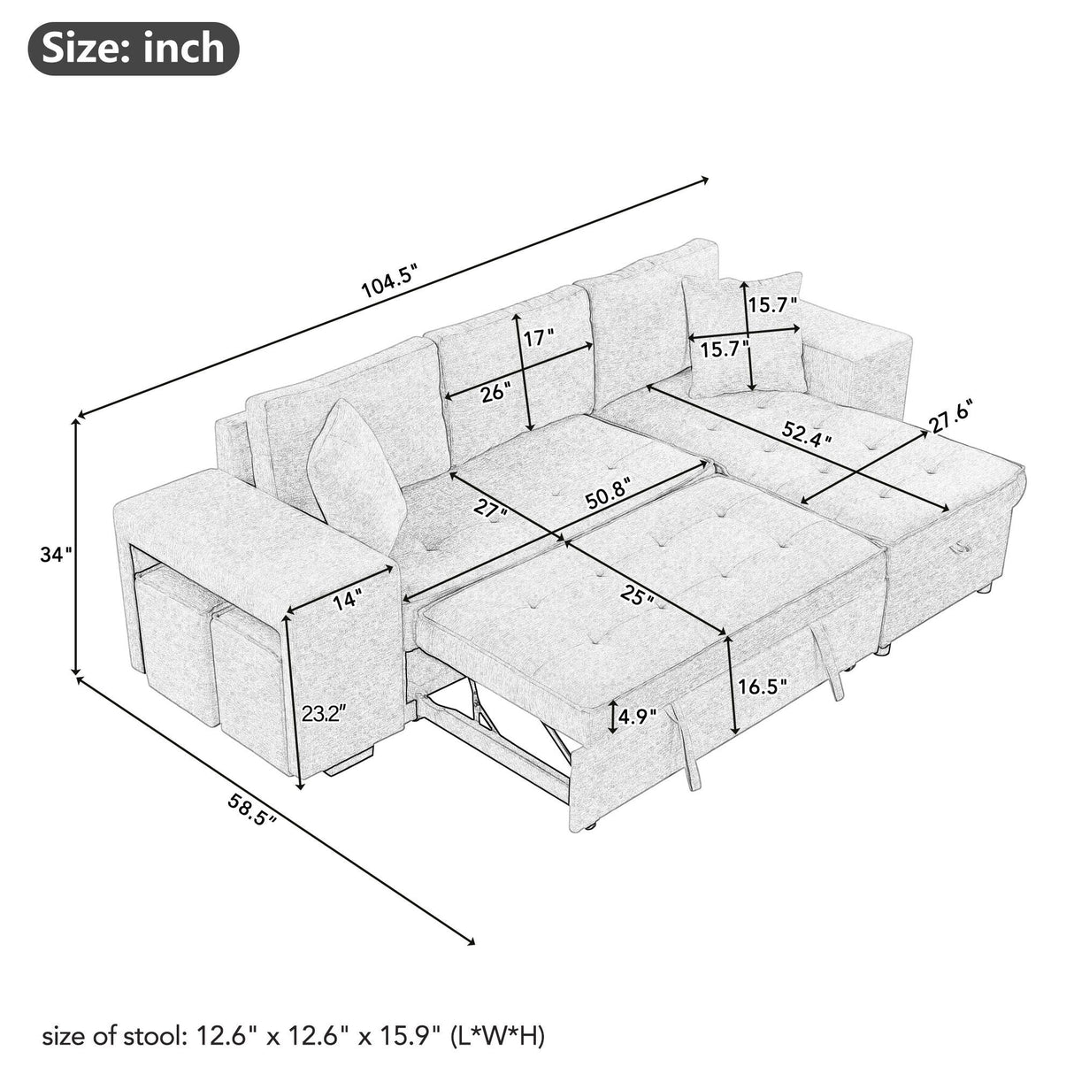 Pull Out Sleeper Sofa Reversible L-Shape 3 Seat Sectional Couch With Storage Chaise And 2 Stools For Living Room Furniture Set - Gray by Couch.com