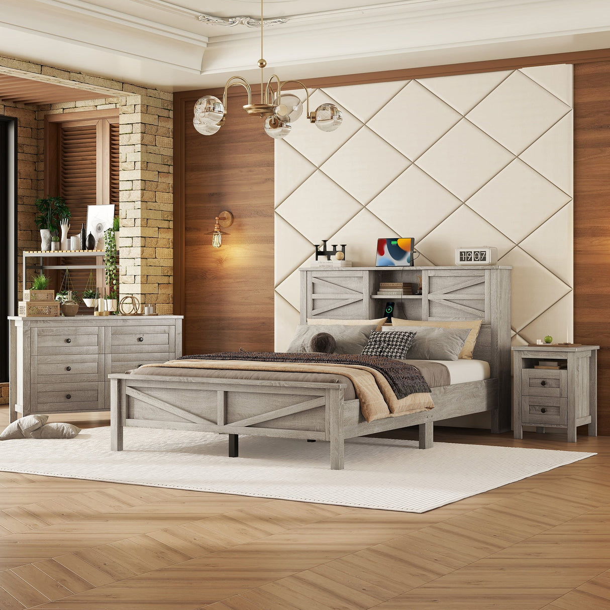 3-Pieces Bedroom Set Queen Size Farmhouse Platform Bed with Storage Headboard and Charging Station