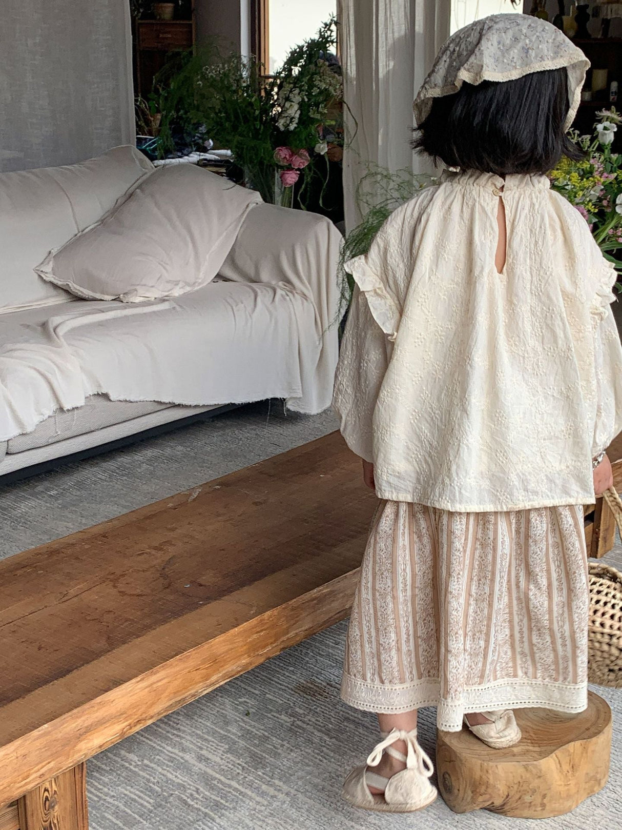 Girls' Top Puff Sleeve Floral Shirt Floral Waist Skirt