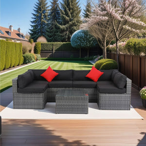 5 Pieces Rattan Sectional Outdoor Furniture Cushioned U Sof Set With 2 Pillow - Gray / Black by Couch.com