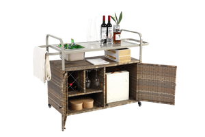 Outdoor Bar Table with Wicker Cabinet and Steel Top