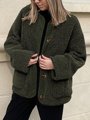 Modern Cozy Women Luxuriously Cozy Contrast Button Up Sherpa Jacket with Pockets For Fall & Winter