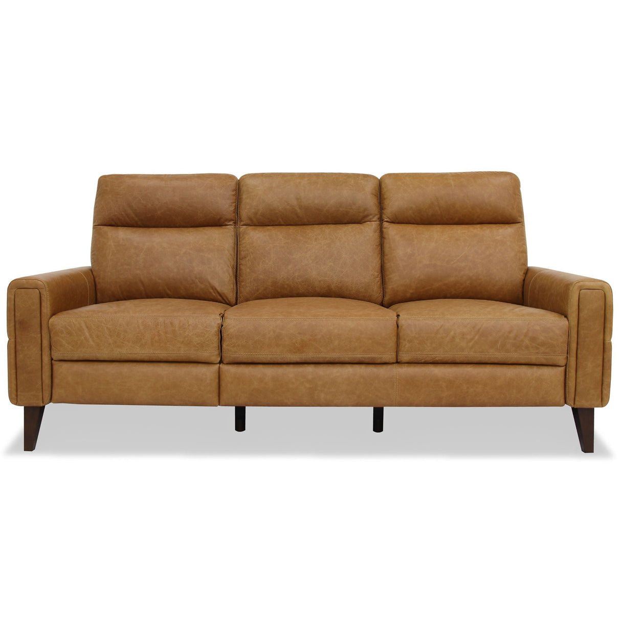 The Elliot - Incliner Sofa Left is a brown leather three-seater featuring cushioned backrests and armrests, supported by dark wooden legs for a modern and elegant look.