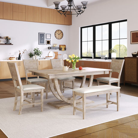 A modern dining room features the Topmax 6 Piece Wood Half Round Dining Table Set with a long bench and 4 chairs on a beige rug, large windows, wall art, a chandelier, and light wood cabinetry with kitchen items on the counters.
