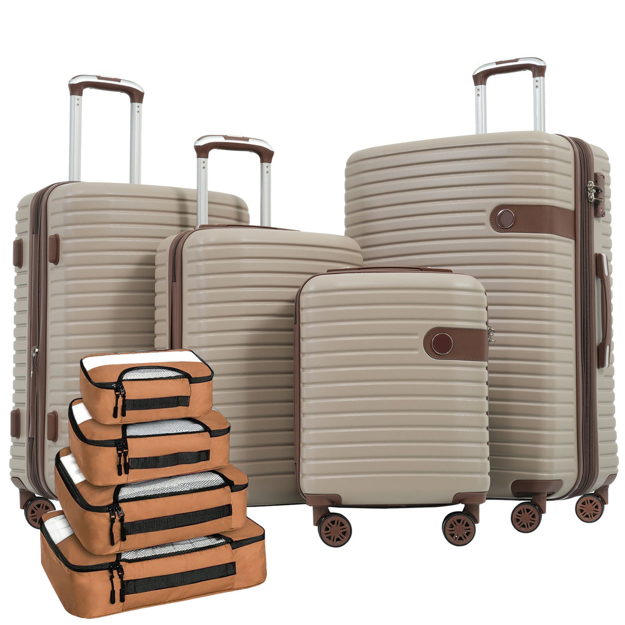 The 4 Piece Luggage Suitcase Set includes beige hard-shell suitcases with telescopic handles, each on four wheels, accompanied by six brown and black packing cubes, stacked in two piles.