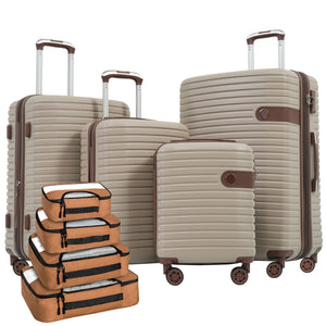 The 4 Piece Luggage Suitcase Set includes beige hard-shell suitcases with telescopic handles, each on four wheels, accompanied by six brown and black packing cubes, stacked in two piles.