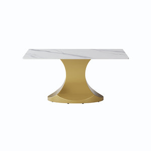 63" Modern Artificial Stone Panel Golden Stainless Steel Curved Legs, Can Accommodate 6-8 People - White / Gold by Couch.com