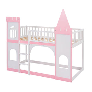 Twin Over Twin Castle Bunk Bed With Ladder - Pink by Couch.com