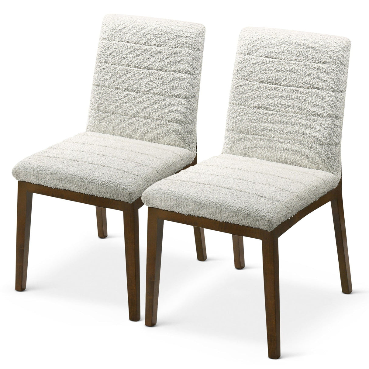 A plain white background showcases the Ines - Modern Dining Chair set, featuring two identical chairs with light beige textured fabric upholstery and dark wooden legs.