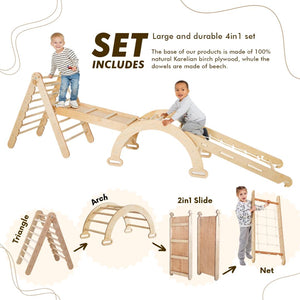 4in1 Montessori Climbing Set: Triangle Ladder + Arch/Rocker + Slide Board/Ramp + Climbing Net – Beige