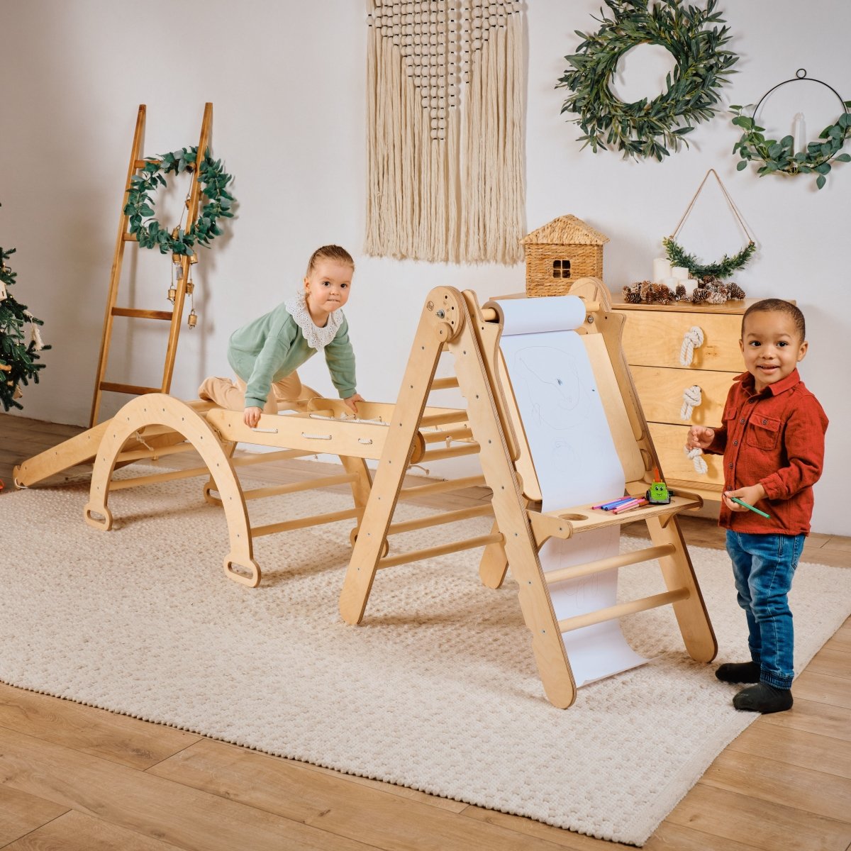 4in1 Montessori Climbing Set: Triangle Ladder + Climbing Arch + Slide Board + Art Addition