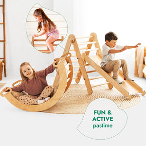 4in1 Montessori Climbing Set: Triangle Ladder + Climbing Arch + Slide Board & Cushion – Beige