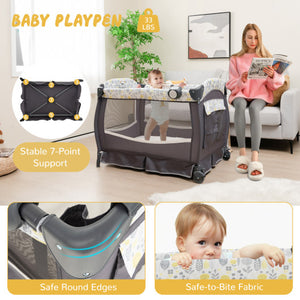 4 in 1 Portable Pack and Play Baby Nursery Center with Bassinet-Yellow