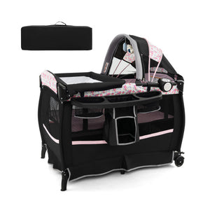 4 in 1 Portable Pack and Play Baby Nursery Center with Bassinet-Pink