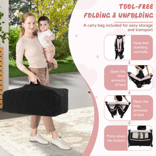 4 in 1 Portable Pack and Play Baby Nursery Center with Bassinet-Pink