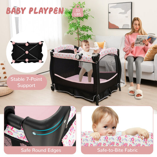 4 in 1 Portable Pack and Play Baby Nursery Center with Bassinet-Pink